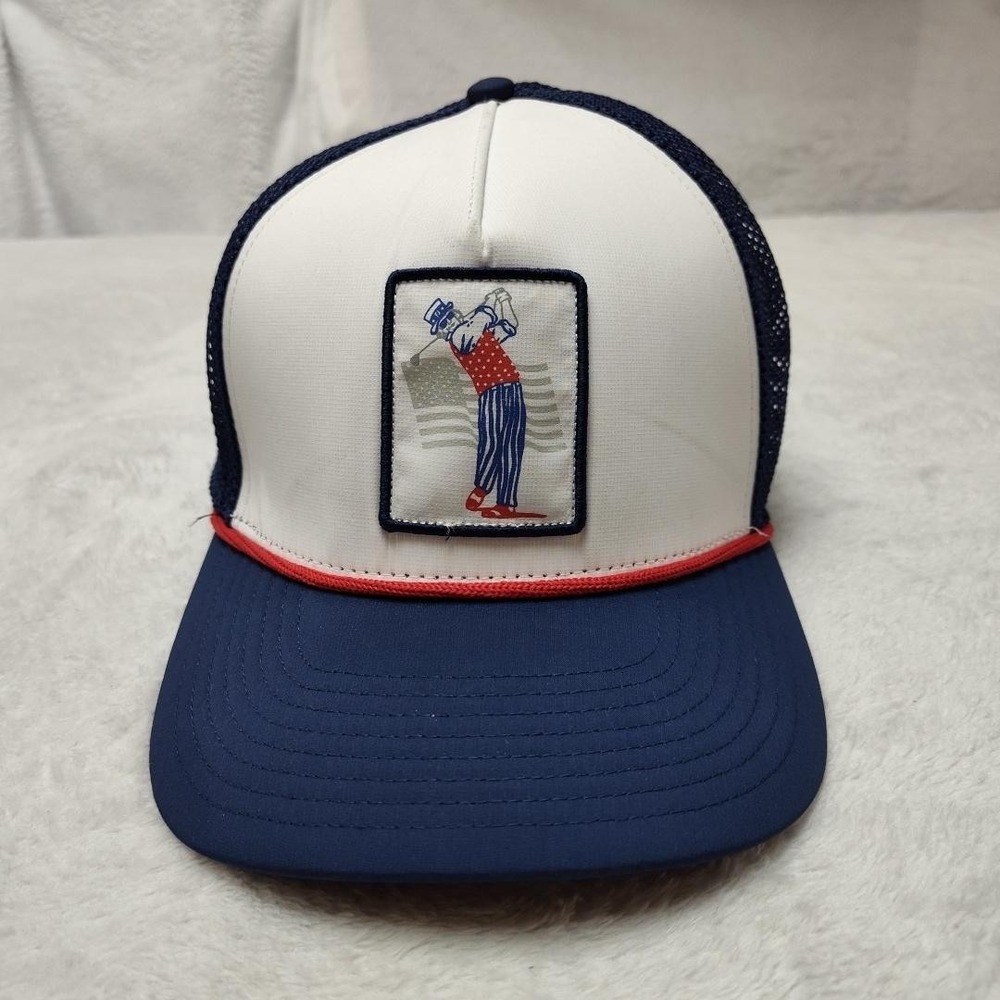 FootJoy Hat Cap Trucker One Size Mens Blue Mesh Adjustable Patriotic USA Flag